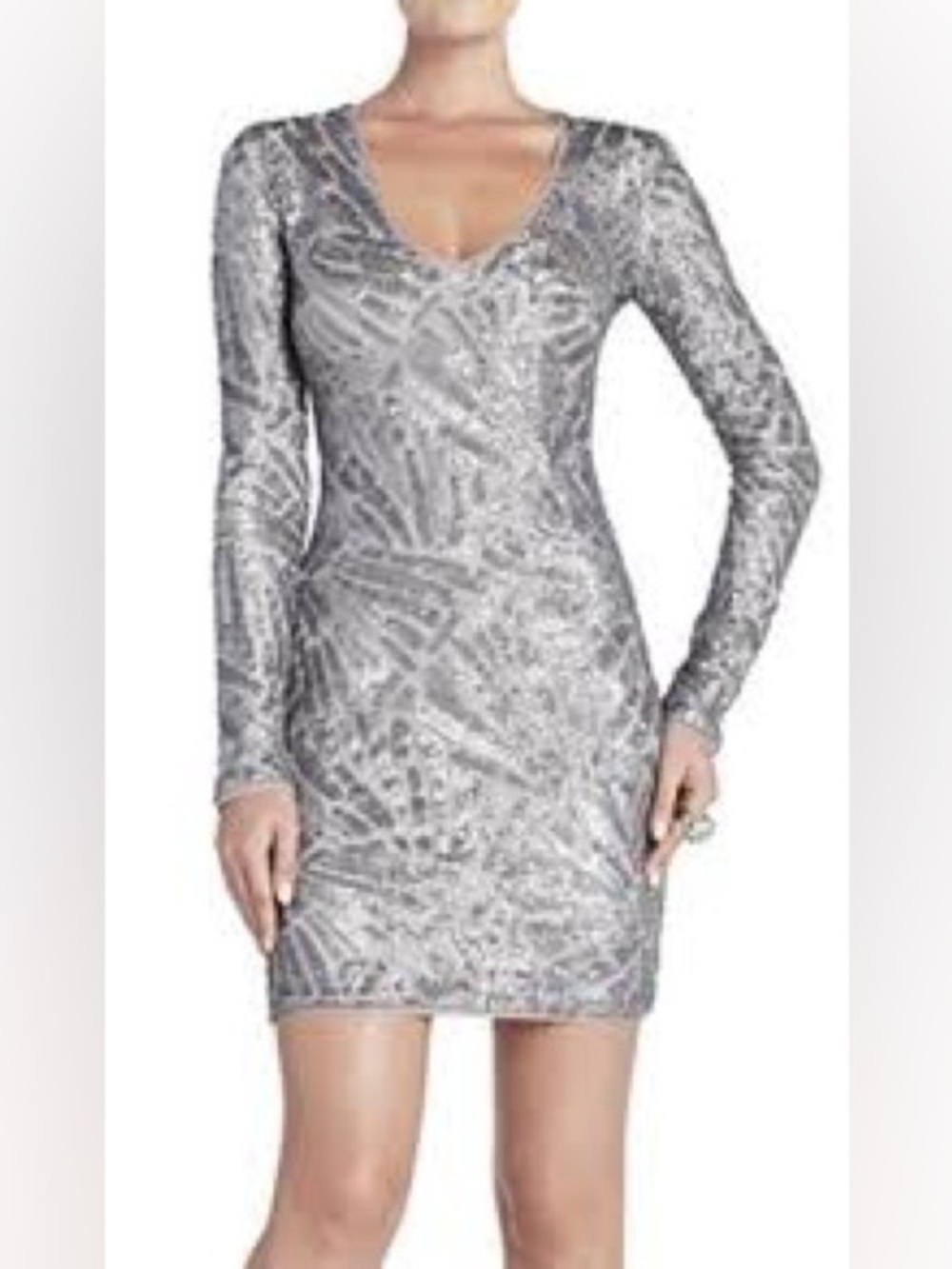 BCBGMAXAZRIA Morris Sequin Long Sleeve Cocktail Dress Small Grey Bodycon Party